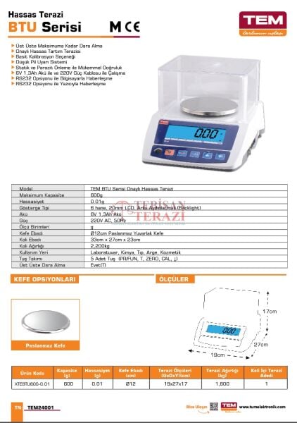 BTU 600 GR ( 0,01 GR ) HASSAS ONAYLI ECZANE TERAZİSİ