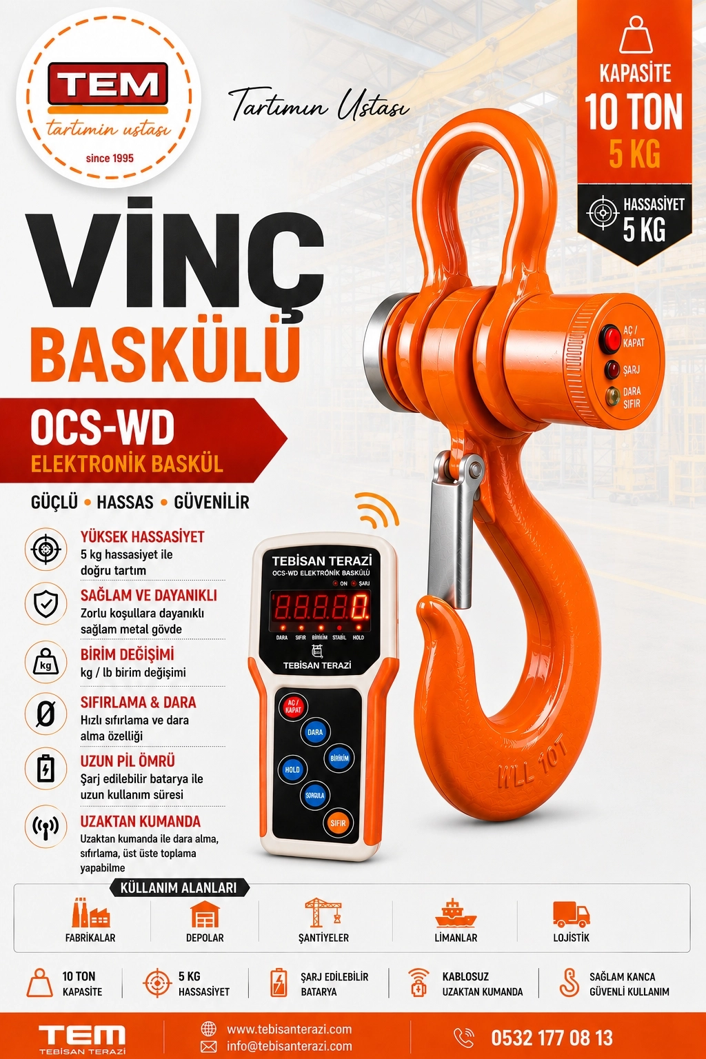 TEM VİNÇ BASKÜLÜ KABLOSUZ KUMANDALI 10TON 5KG TARTIM CSH-WD