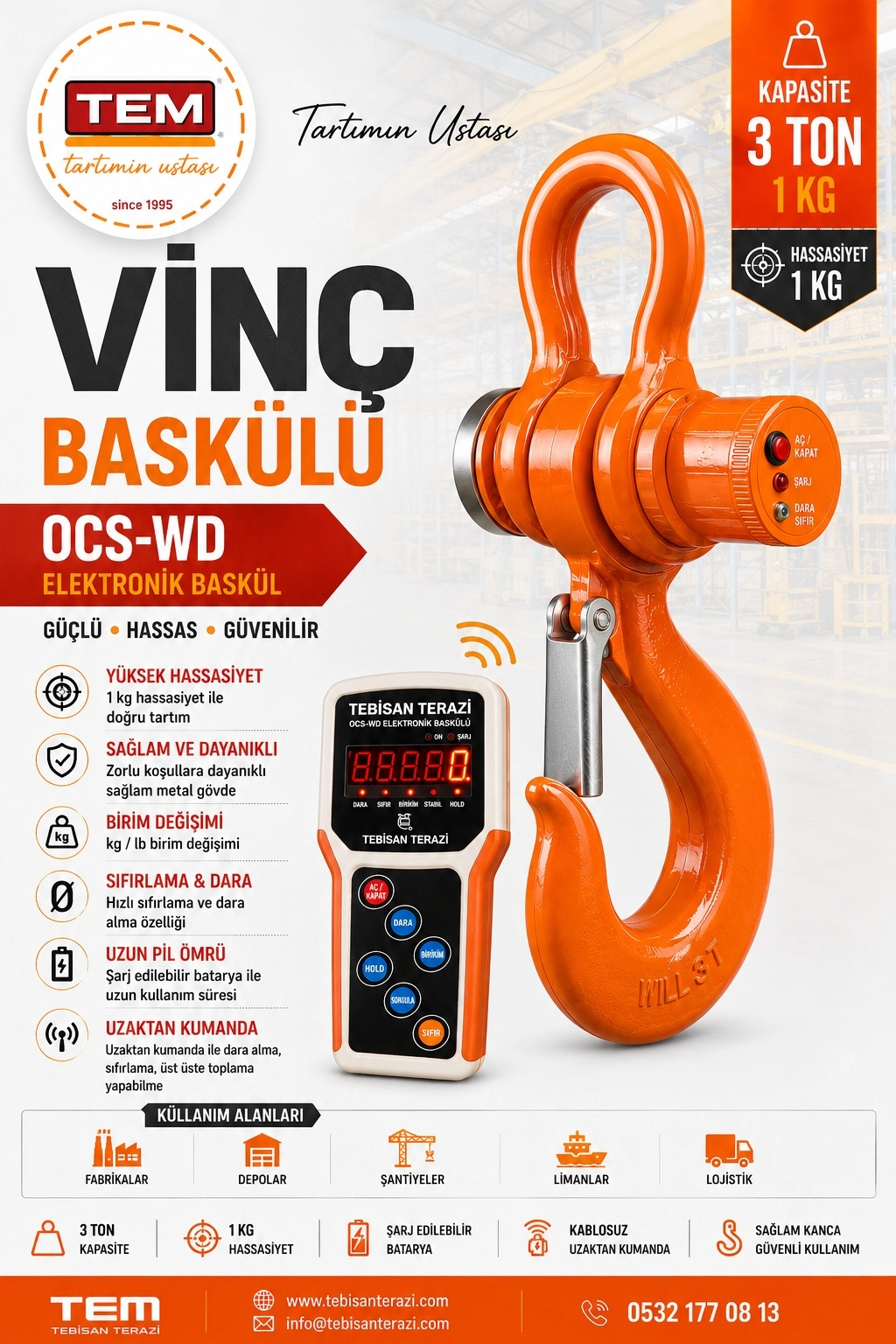 TEM VİNÇ BASKÜLÜ KABLOSUZ KUMANDALI 3TON 1KG TARTIM CSH-WD