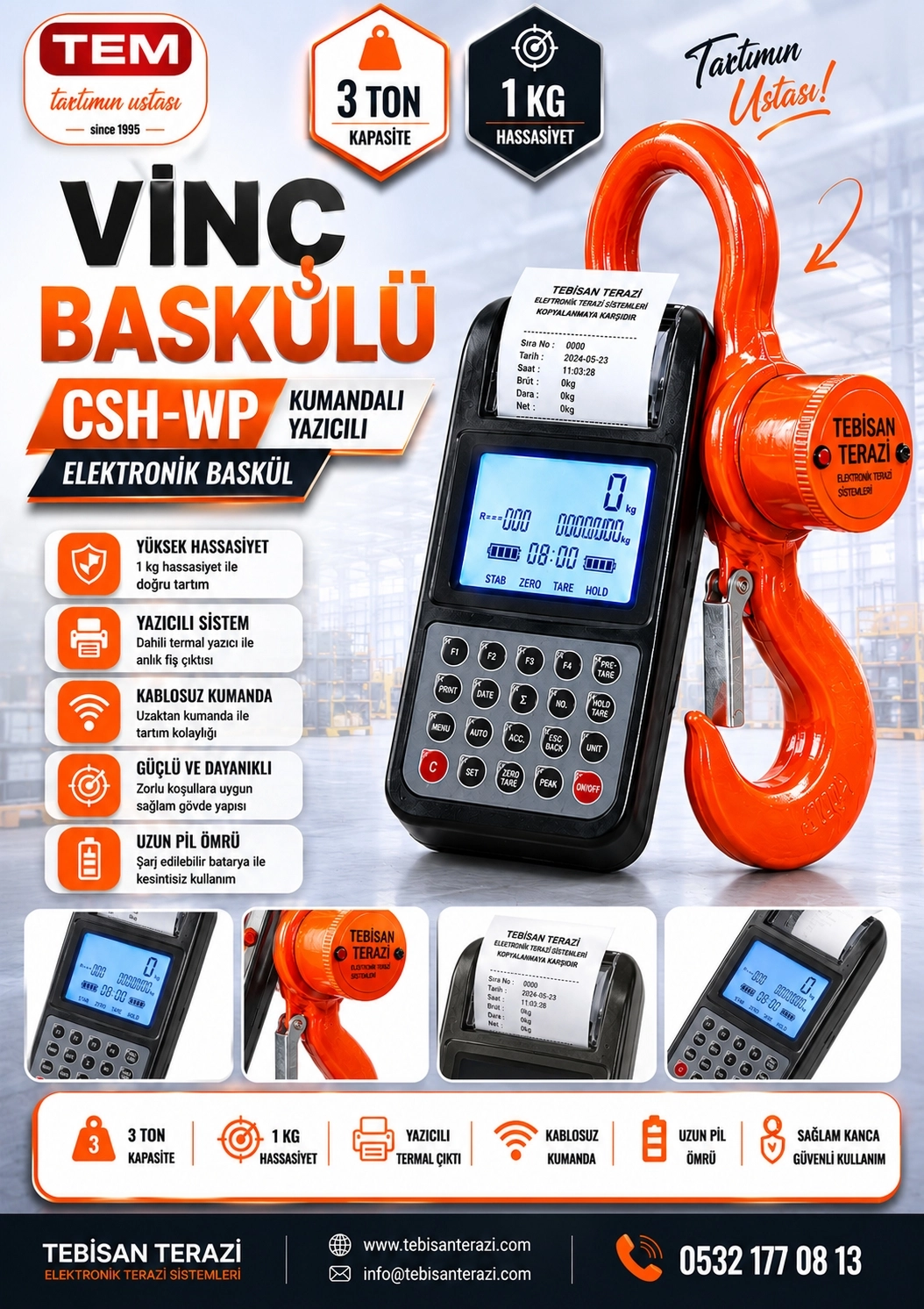 TEM VİNÇ BASKÜLÜ KUMANDALI YAZICILI 3TON 1KG TARTIM CSH-WP