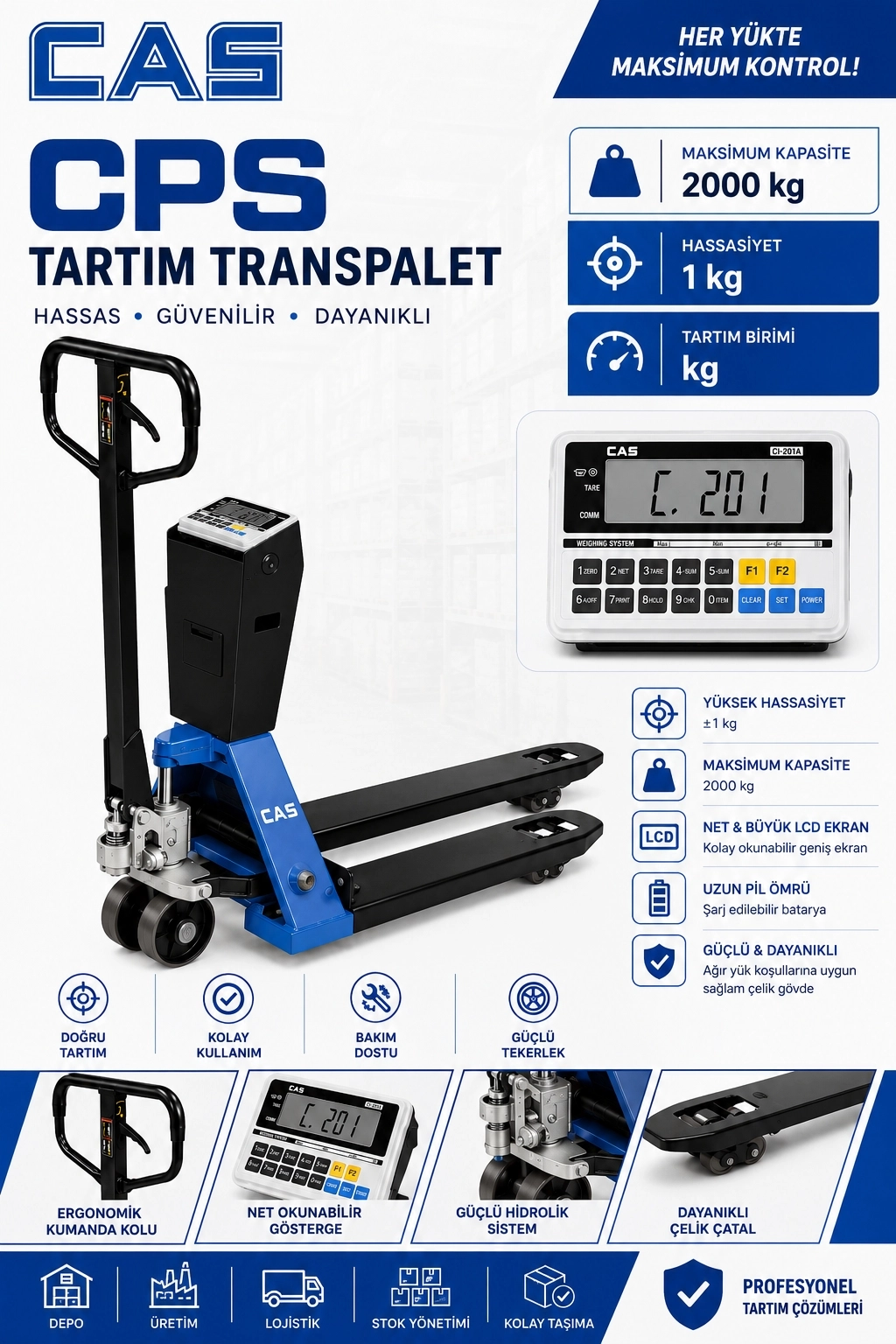 CAS CPS 2000 KG 1 KG TARTIM TRANSPALET BASKÜLÜ