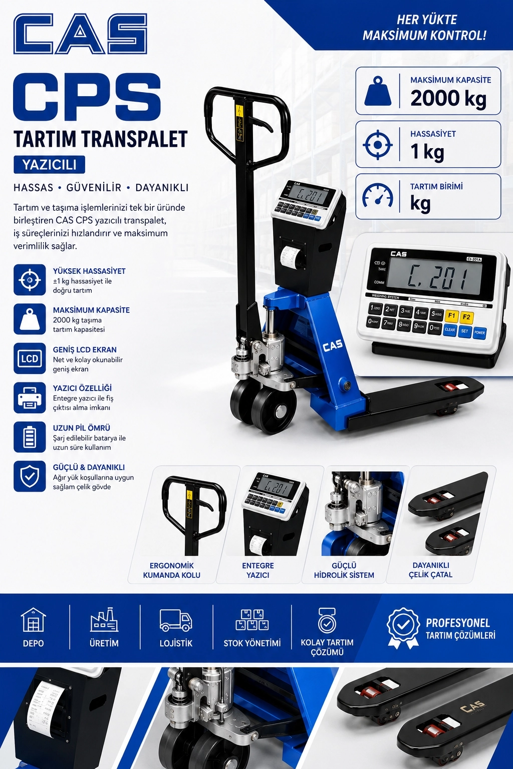 CAS CPS 2000 KG 1 KG YAZICILI TARTIM TRANSPALET BASKÜLÜ