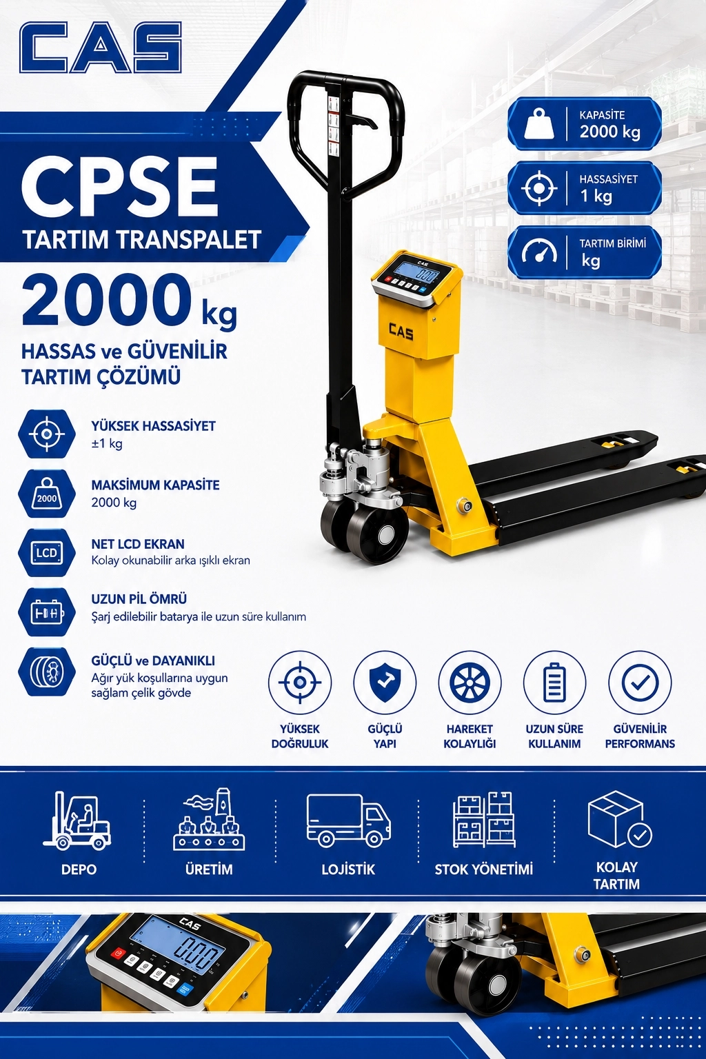 CAS CPSE 2000 KG 1 KG TARTIM TRANSPALET BASKÜLÜ