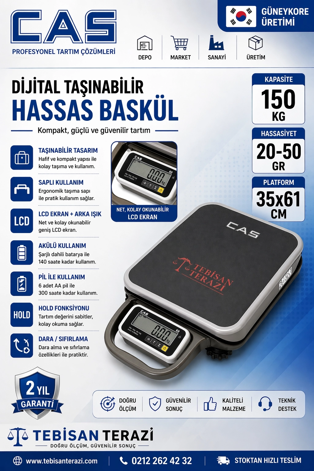 CAS PB 150KG 50GR ONAYLI TAŞINABİLİR BASKÜL 35x61 CM