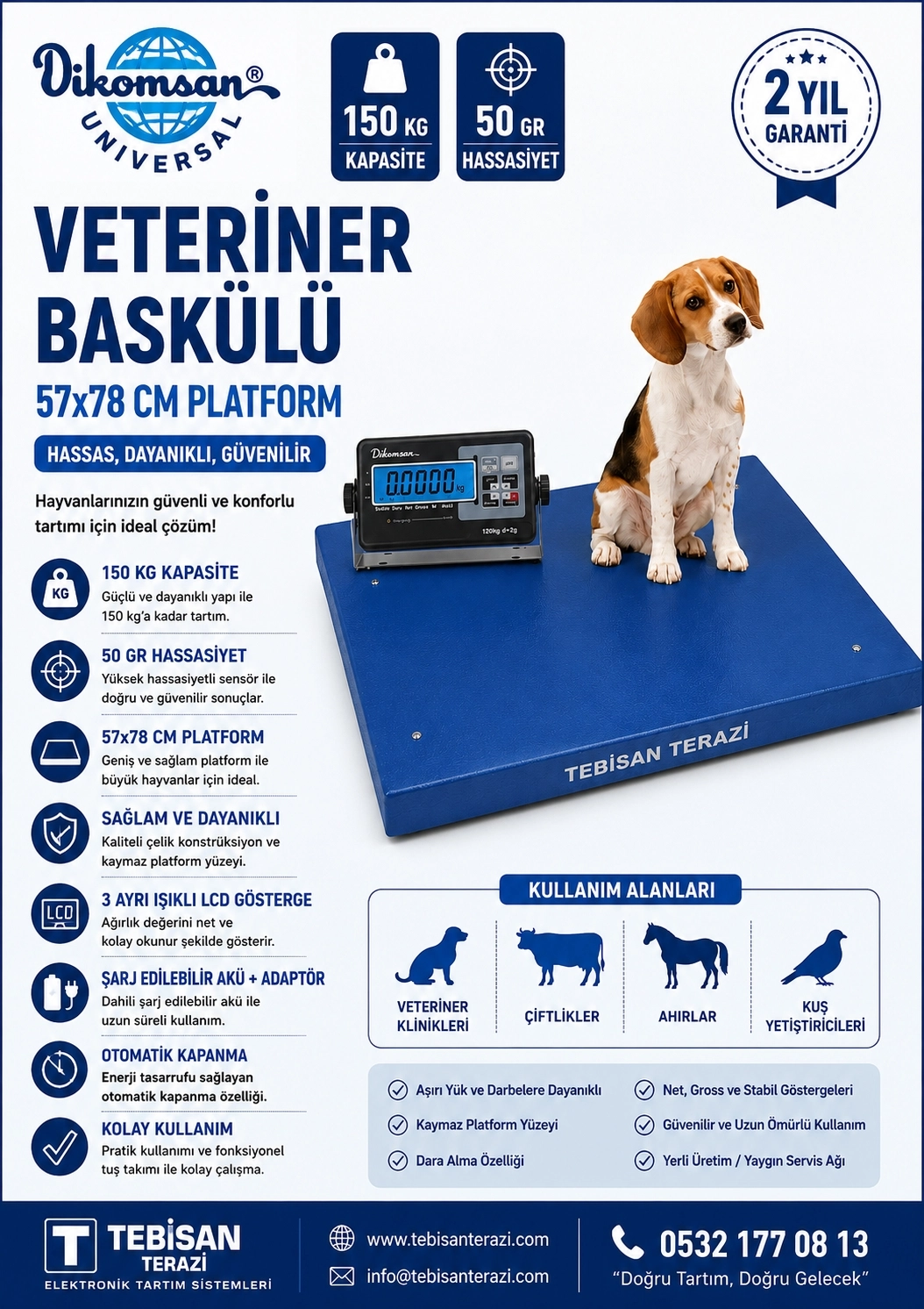 DİKOMSAN VETERİNER BASKÜLÜ 150KG 50GR 57x78 TARTIM V-RAW
