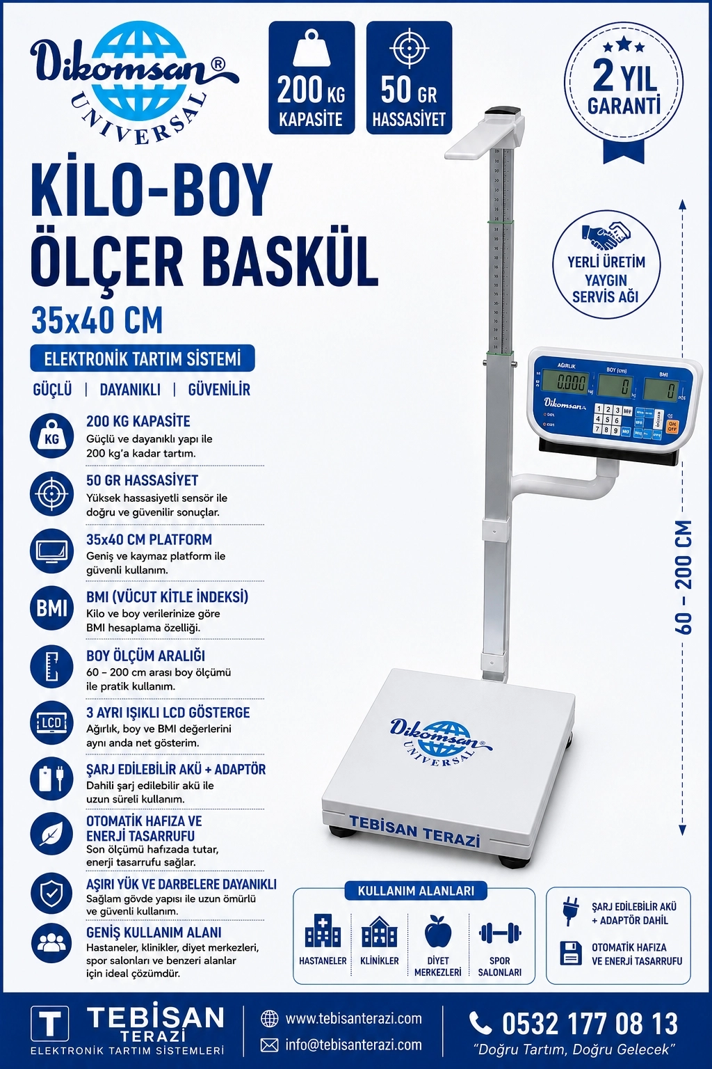 DİKOMSAN KİLO BOY ÖLÇER BASKÜL BMI 200KG 50GR 35x40 TARTIM