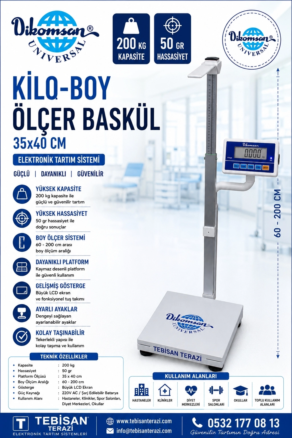 DİKOMSAN KİLO BOY ÖLÇER BASKÜL 200KG 50GR 35x40 TARTIM HCW-M
