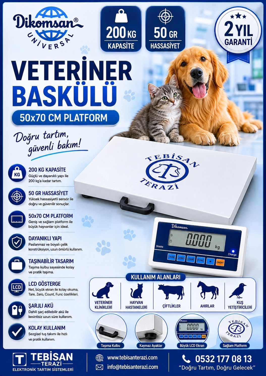 DİKOMSAN VETERİNER BASKÜLÜ 200KG 50GR 50x70 TARTIM V-HCW