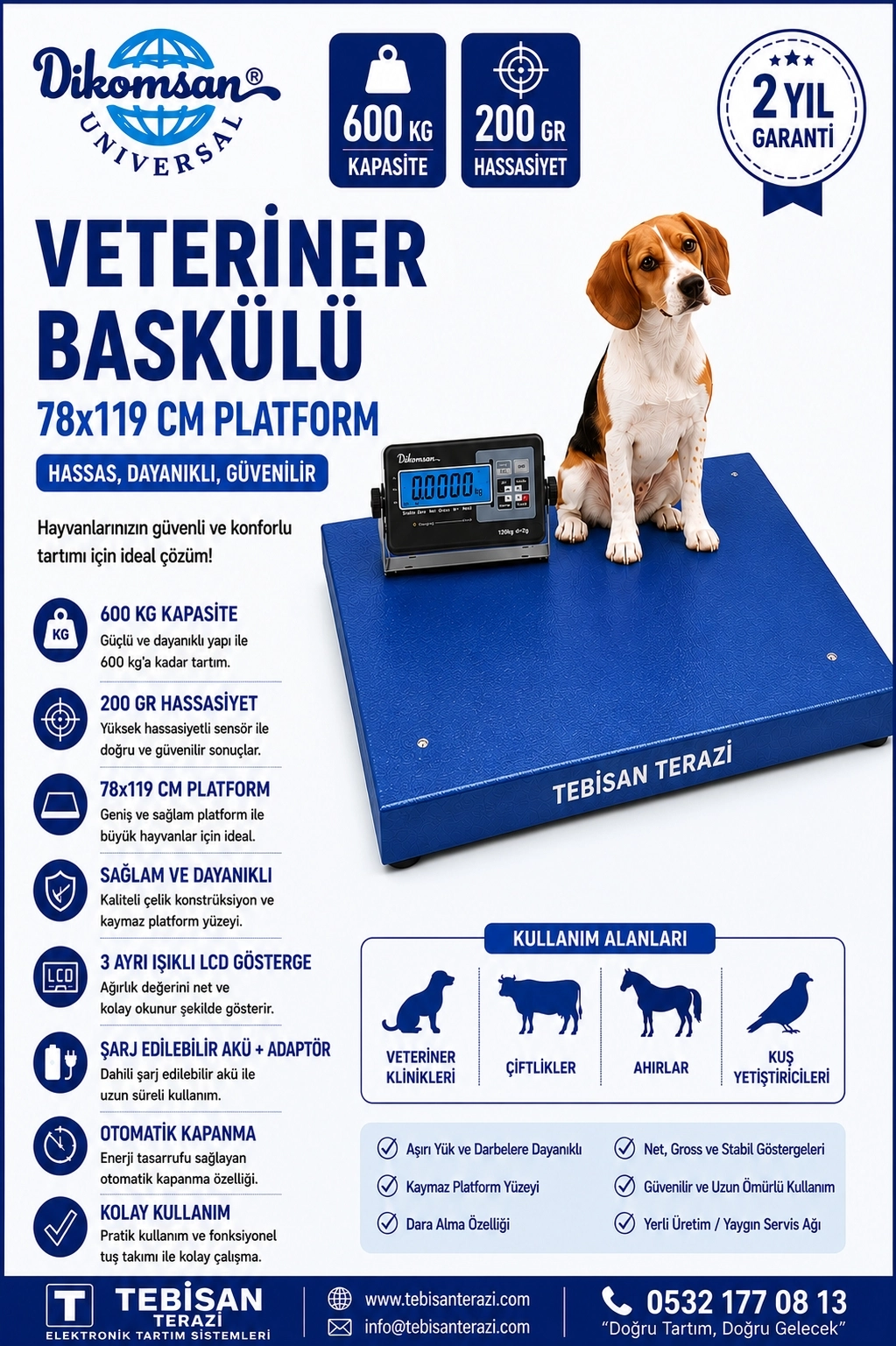 DİKOMSAN VETERİNER BASKÜLÜ 600KG 200GR 78x119 TARTIM V-RAW