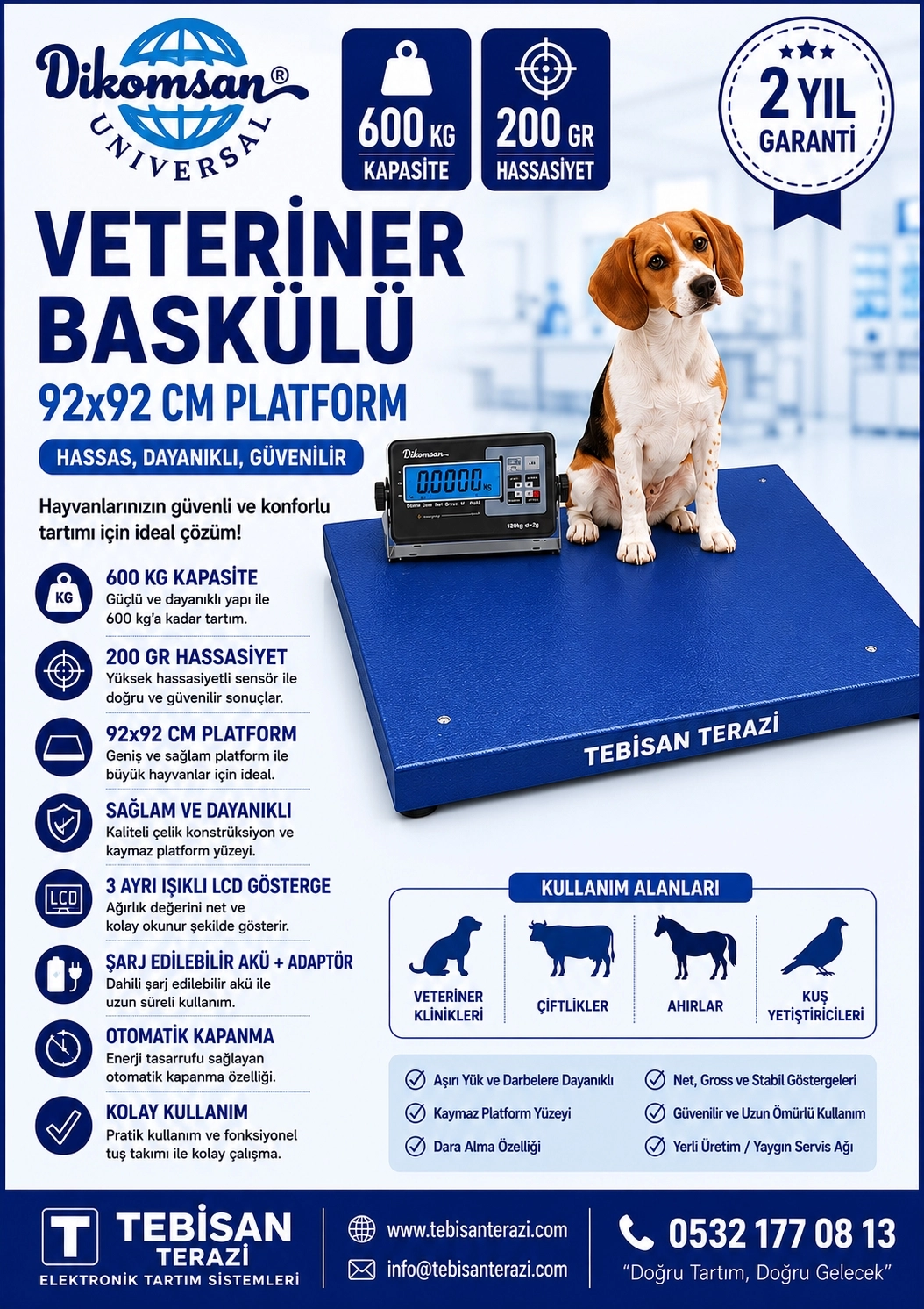 DİKOMSAN VETERİNER BASKÜLÜ 600KG 200GR 92x92 TARTIM V-RAW