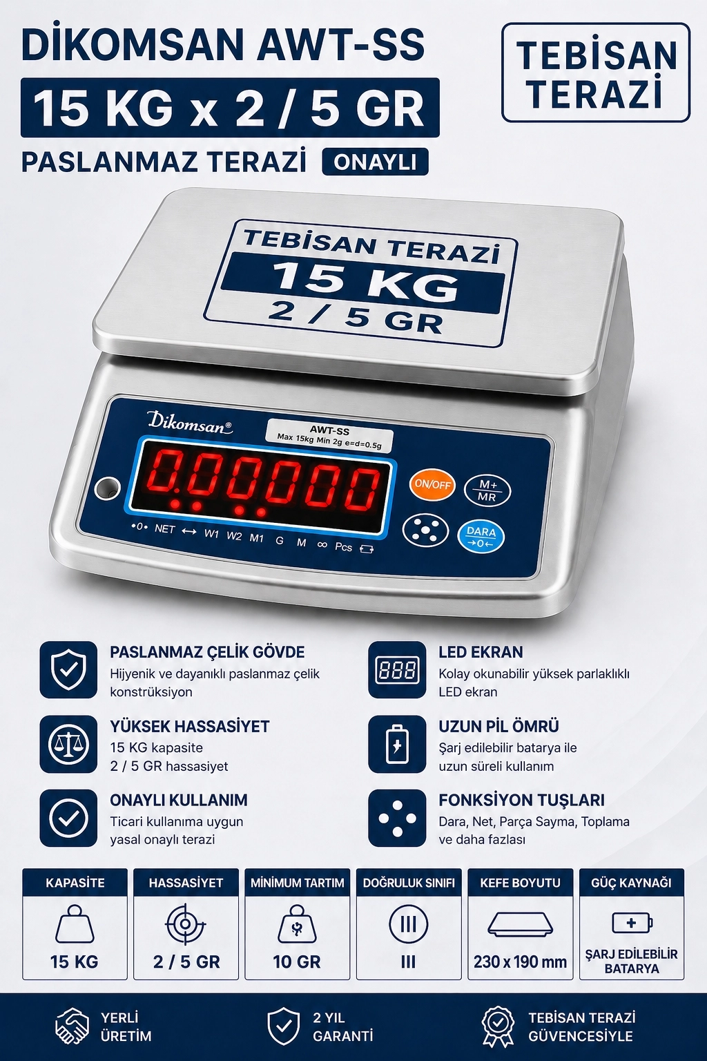 DİKOMSAN ATW-SS 15 KG X 2/5 GR PASLANMAZ TERAZİ ONAYLI