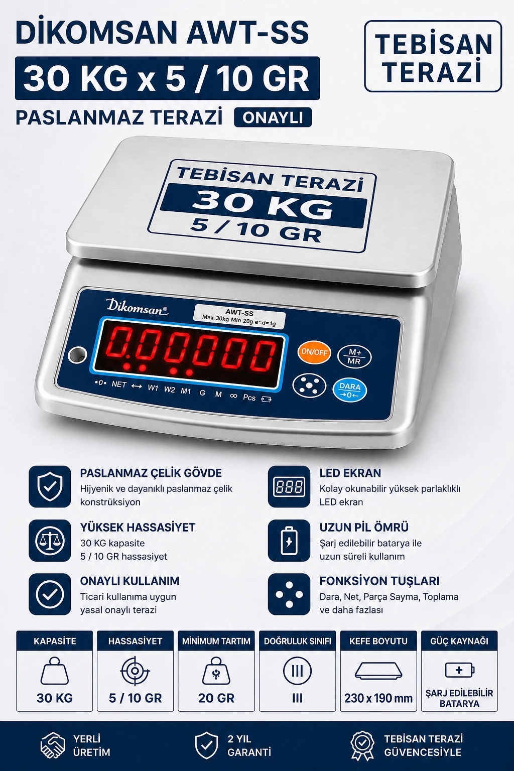 DİKOMSAN ATW-SS 30 KG X 5/10 GR PASLANMAZ TERAZİ ONAYLI