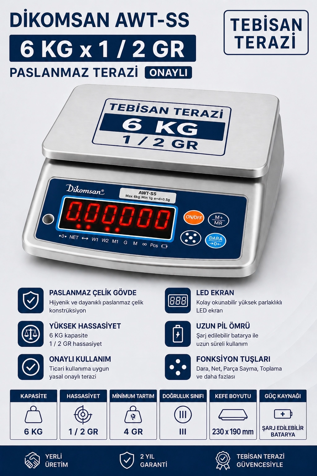 DİKOMSAN ATW-SS 6 KG X 1/2 GR PASLANMAZ TERAZİ ONAYLI