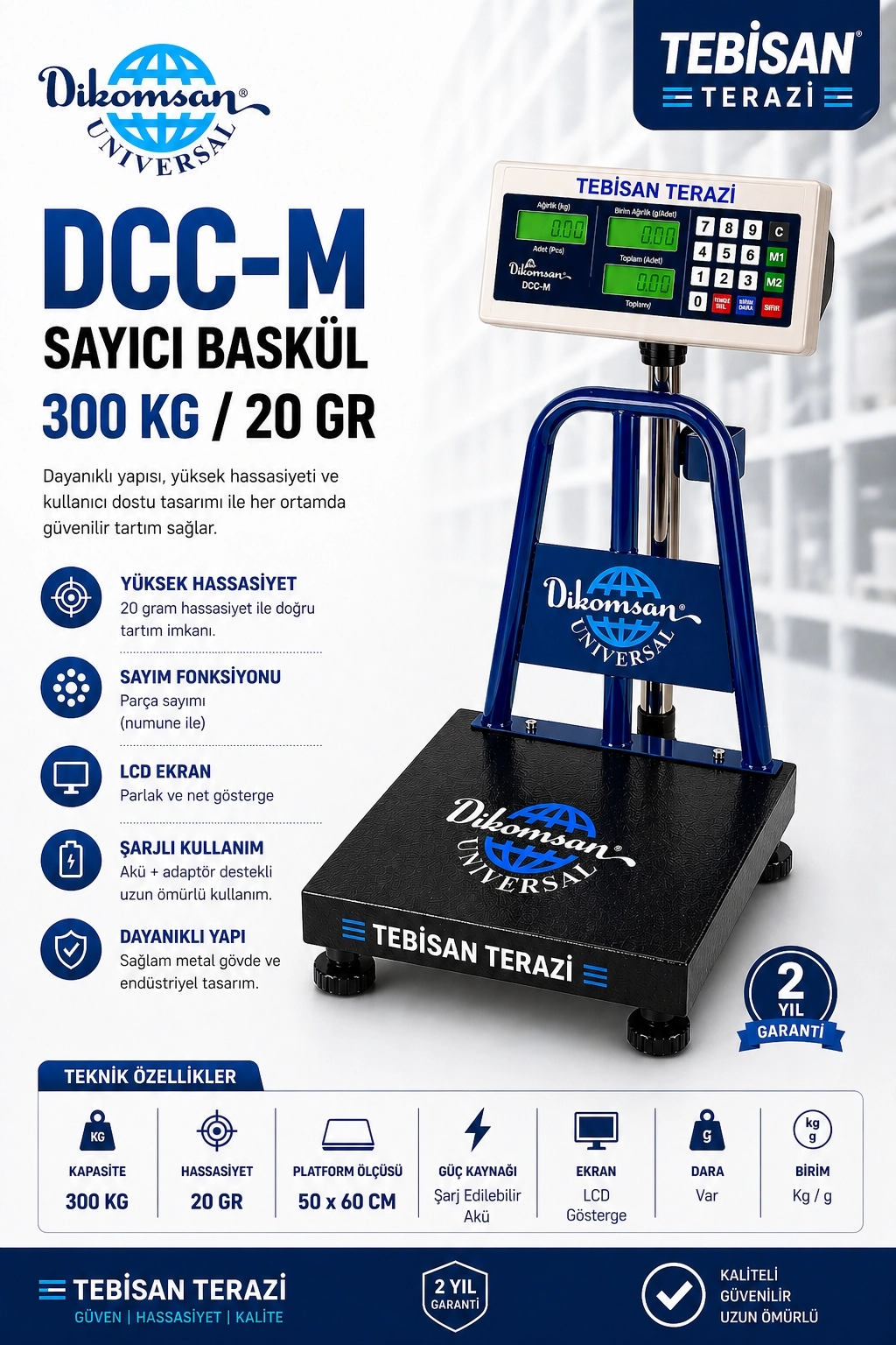 DİKOMSAN DCC-L 300KG 20GR SAYICI BASKÜL 50x60 CM
