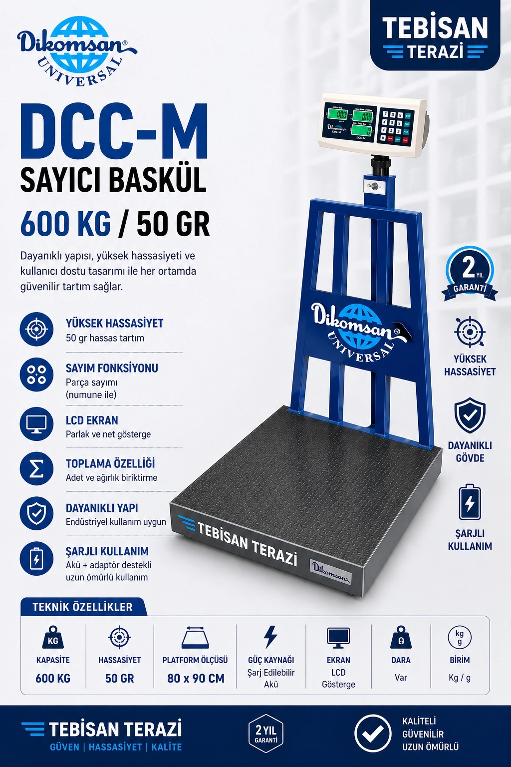 DİKOMSAN DCC-L 600KG 50GR SAYICI BASKÜL 80x90 CM