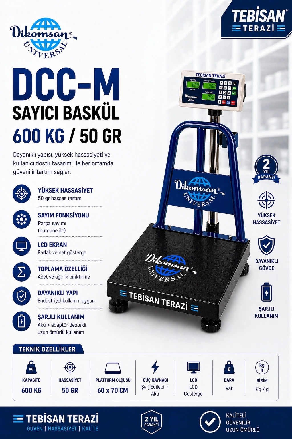 DİKOMSAN DCC-L 600KG 50GR SAYICI BASKÜL 60x70 CM