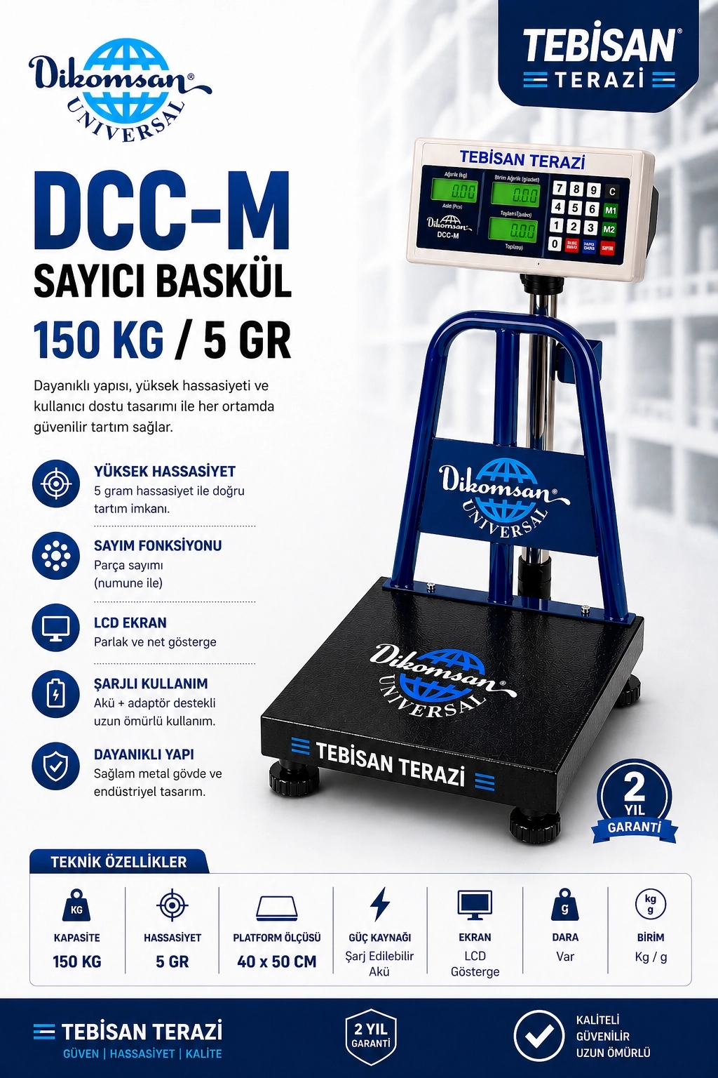 DİKOMSAN DCC-M 150KG 5GR SAYICI BASKÜL 40x50 CM