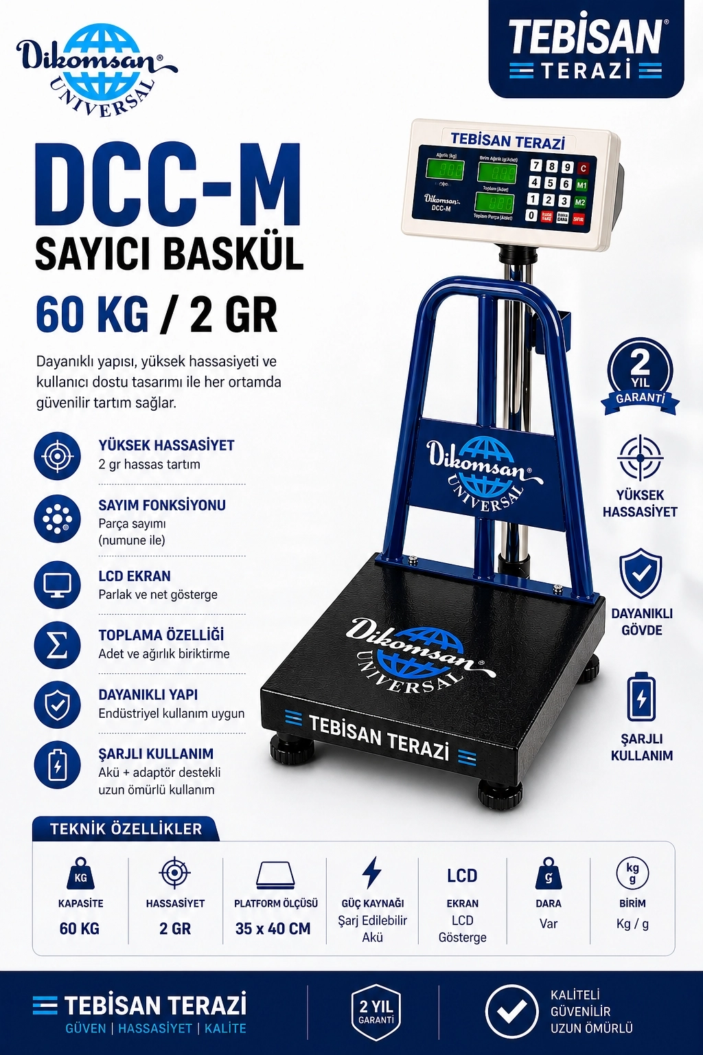 DİKOMSAN DCC-M 60KG 2GR SAYICI BASKÜL 35x40 CM