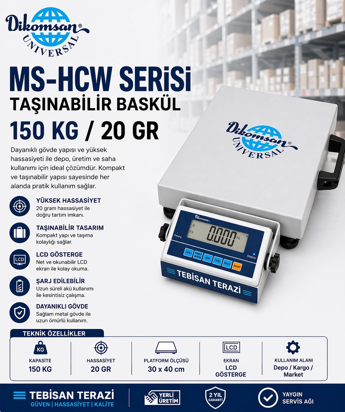 DİKOMSAN MS-HCW 150KG 20GR TAŞINABİLİR BASKÜL 30x40 CM