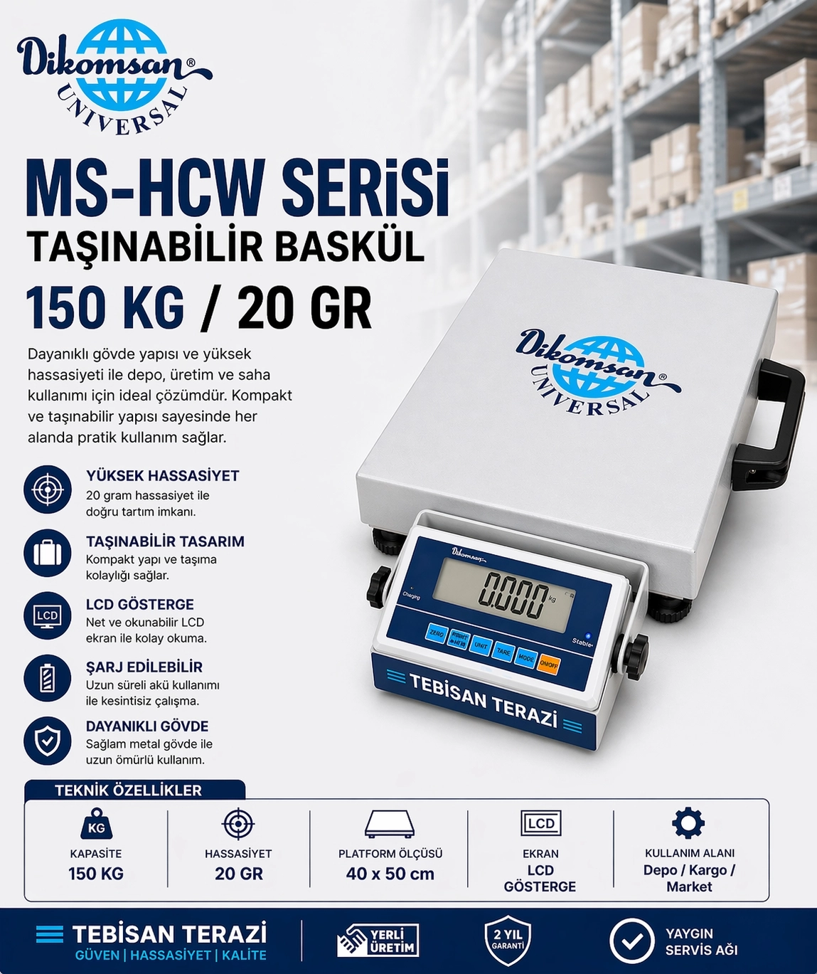 DİKOMSAN MS-HCW 150KG 20GR TAŞINABİLİR BASKÜL 40x50 CM