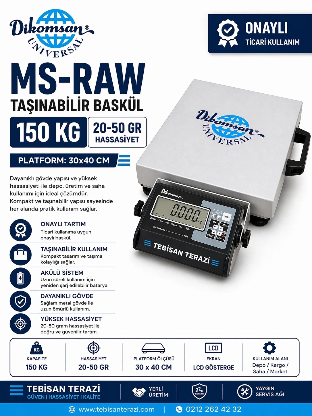 DİKOMSAN MS-RAW 150KG 20/50GR ONAYLI TAŞINABİLİR BASKÜL 30x40 CM