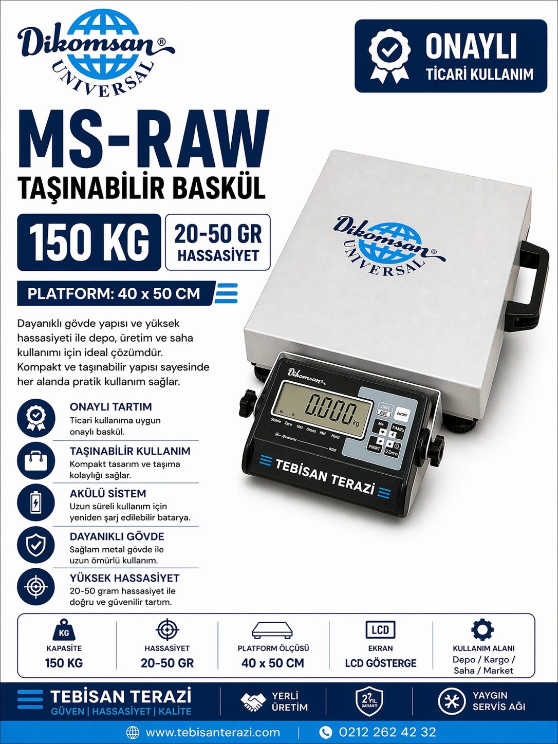 DİKOMSAN MS-RAW 150KG 20/50GR ONAYLI TAŞINABİLİR BASKÜL 40x50 CM