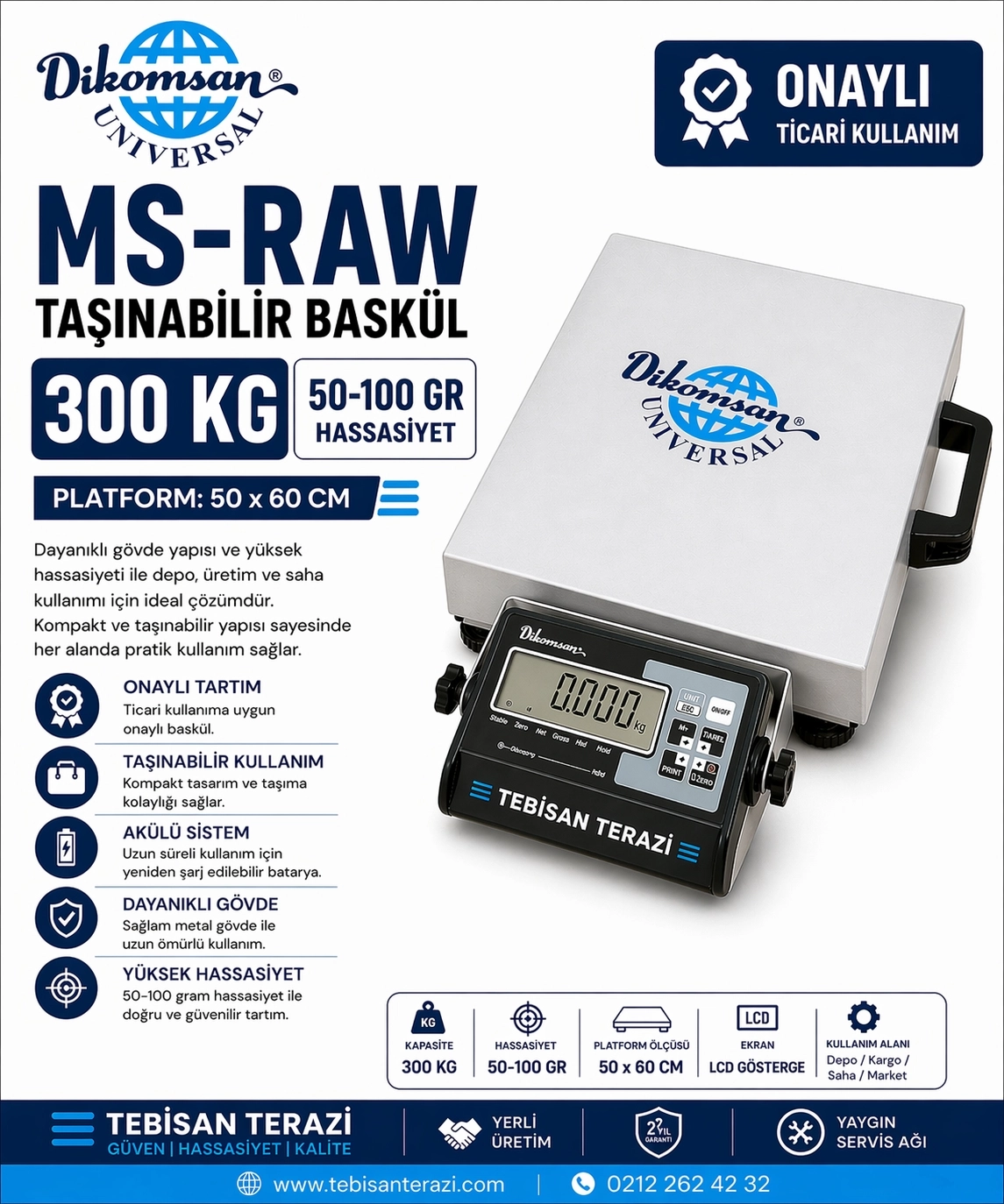 DİKOMSAN MS-RAW 300KG 50/100GR ONAYLI TAŞINABİLİR BASKÜL 50x60 CM