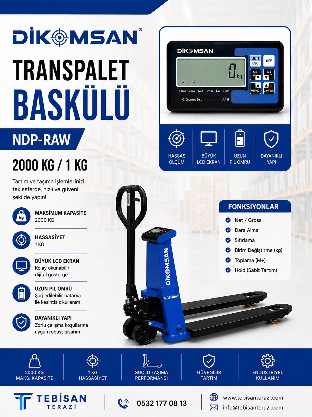 DİKOMSAN NDP-RAW 2000 KG 1 KG TARTIM TRANSPALET BASKÜLÜ