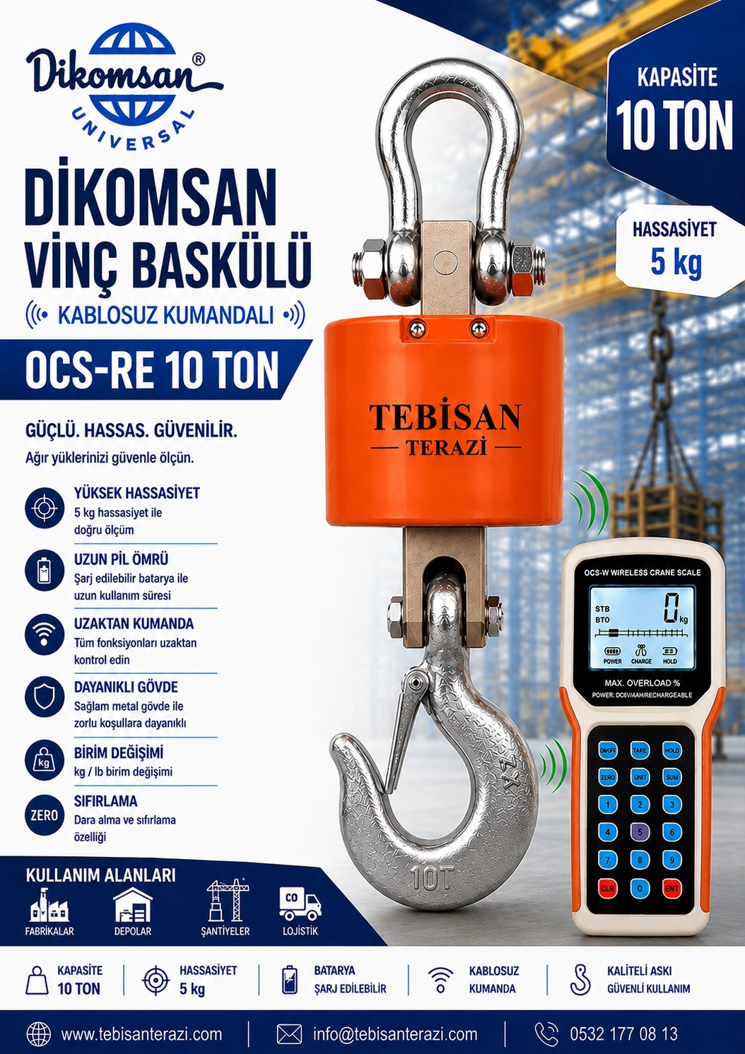 DİKOMSAN VİNÇ BASKÜLÜ KABLOSUZ KUMANDALI 10TON 5KG TARTIM OCS-RE