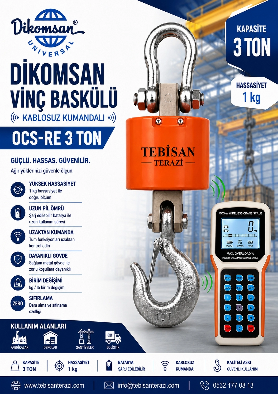 DİKOMSAN VİNÇ BASKÜLÜ KABLOSUZ KUMANDALI 3TON 1KG TARTIM OCS-RE