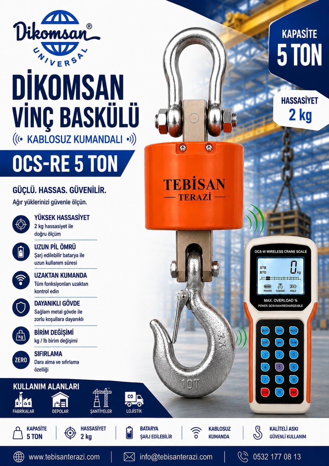 DİKOMSAN VİNÇ BASKÜLÜ KABLOSUZ KUMANDALI 5TON 2KG TARTIM OCS-RE