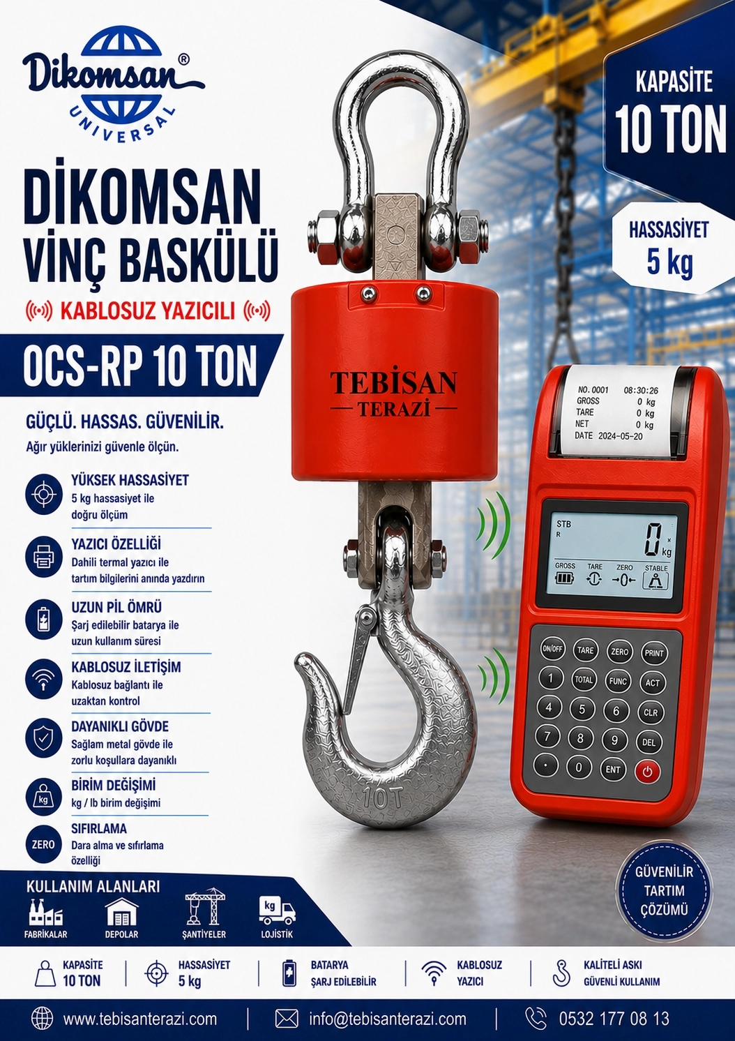 DİKOMSAN VİNÇ BASKÜLÜ KABLOSUZ YAZICILI 10TON 5KG TARTIM OCS-RP