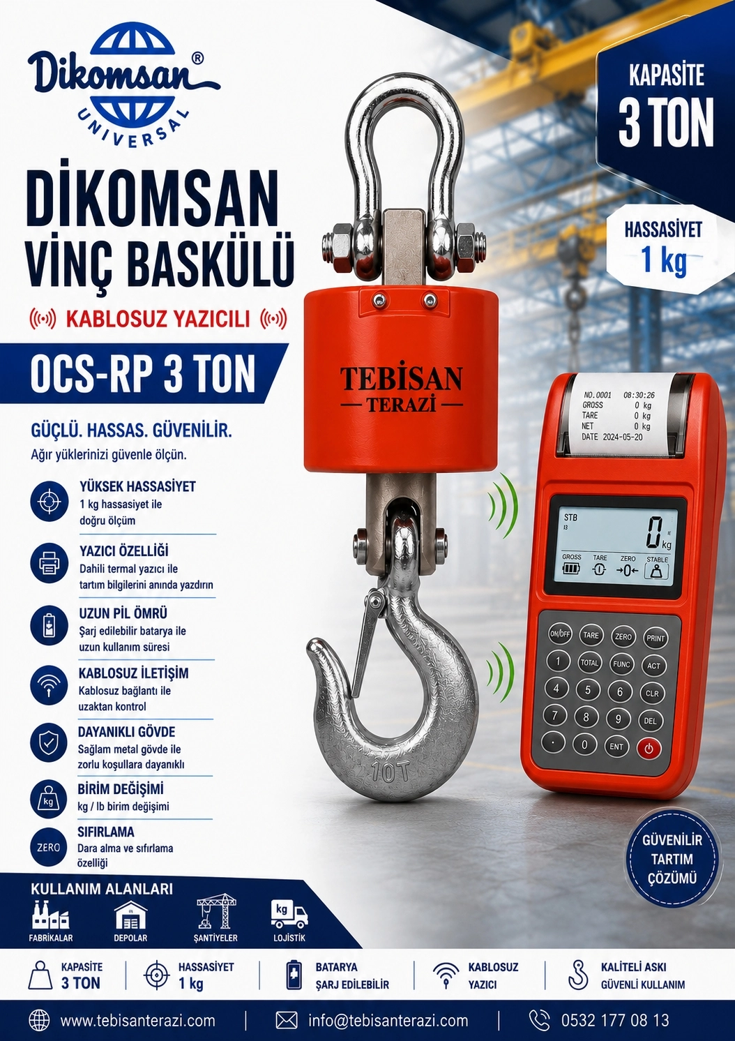 DİKOMSAN VİNÇ BASKÜLÜ KABLOSUZ YAZICILI 3TON 1KG TARTIM OCS-RP