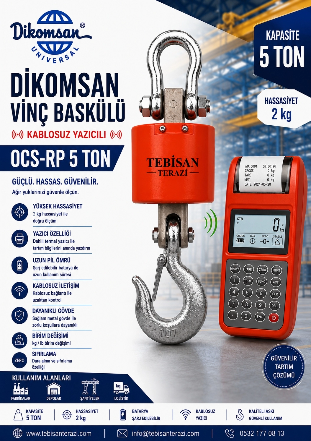 DİKOMSAN VİNÇ BASKÜLÜ KABLOSUZ YAZICILI 5TON 2KG TARTIM OCS-RP