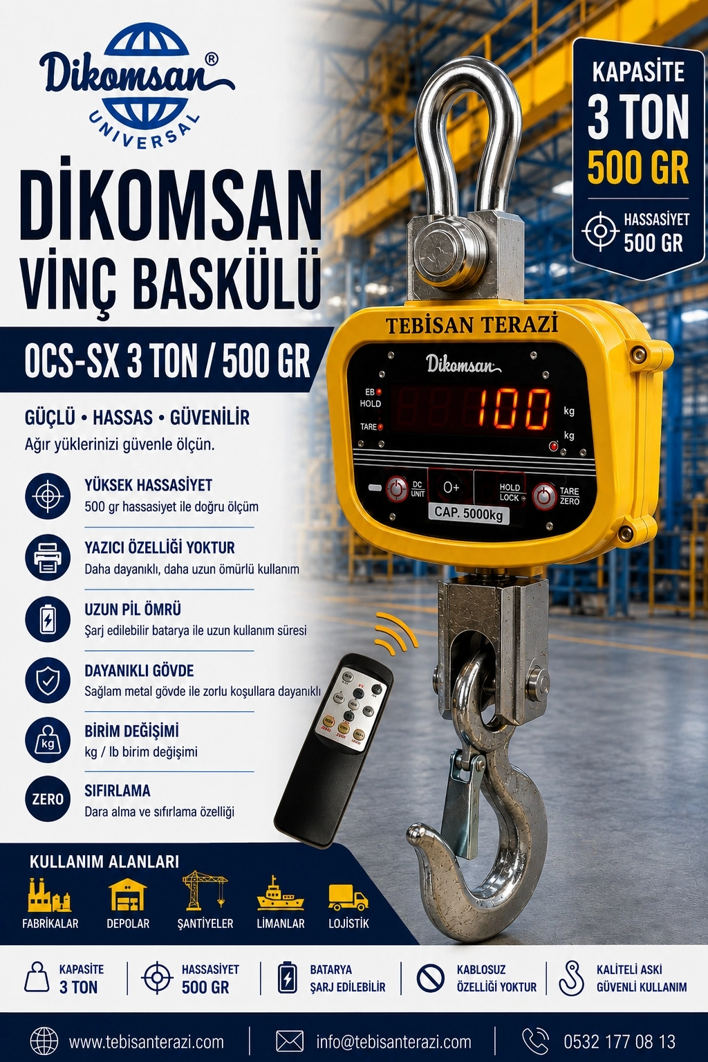 DİKOMSAN VİNÇ BASKÜLÜ 3TON 500GR OCS-SX TARTIM