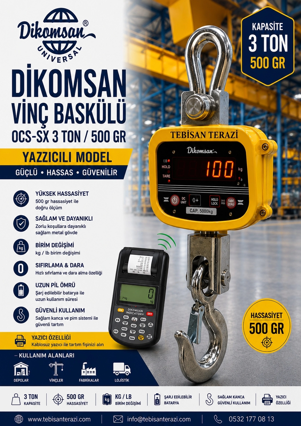 DİKOMSAN YAZICILI VİNÇ BASKÜLÜ 3TON 500GR TARTIM OCS-SX