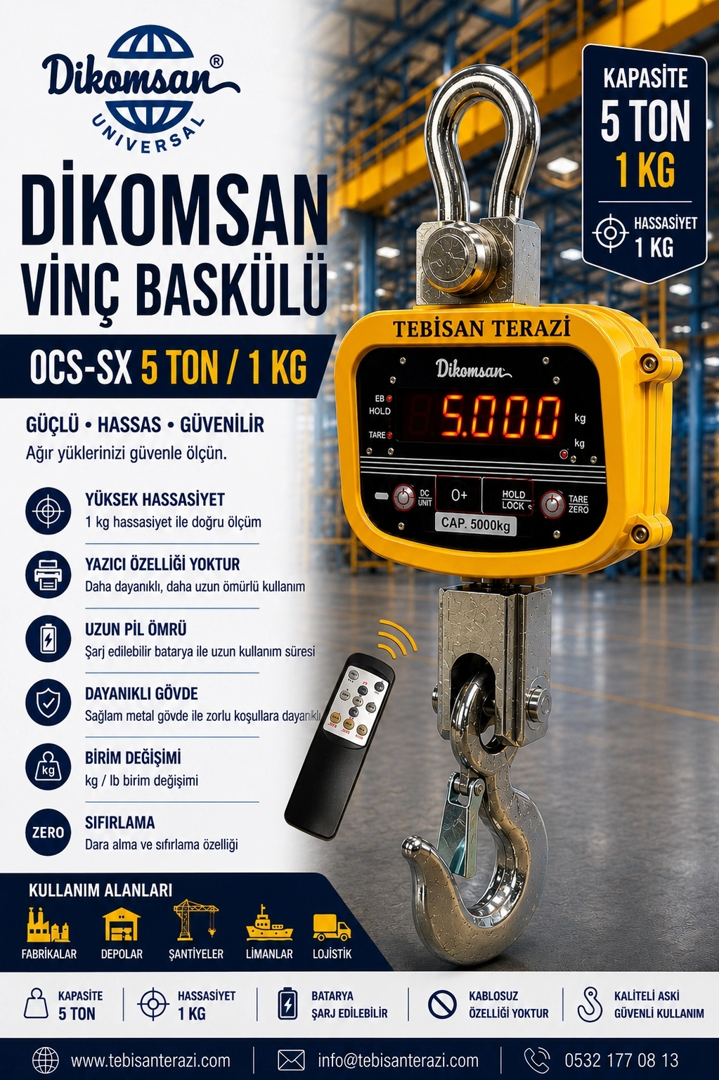 DİKOMSAN VİNÇ BASKÜLÜ 5TON 1KG OCS-SX TARTIM