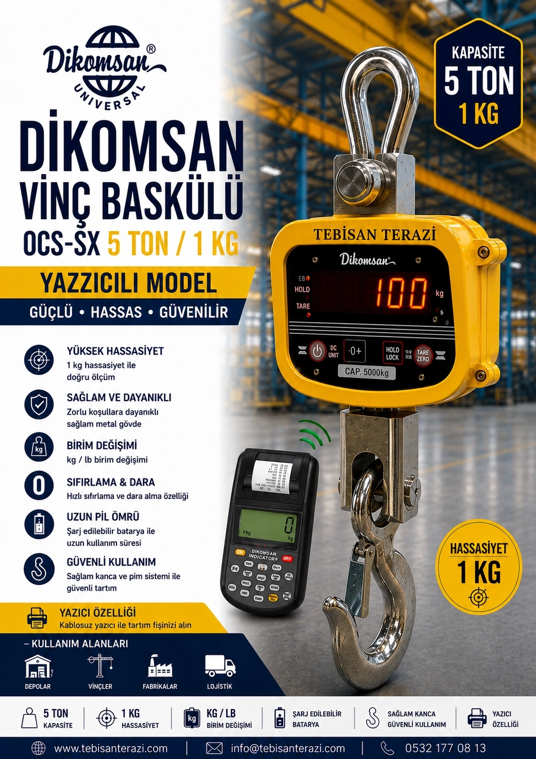 DİKOMSAN YAZICILI VİNÇ BASKÜLÜ 5TON 1KG TARTIM OCS-SX