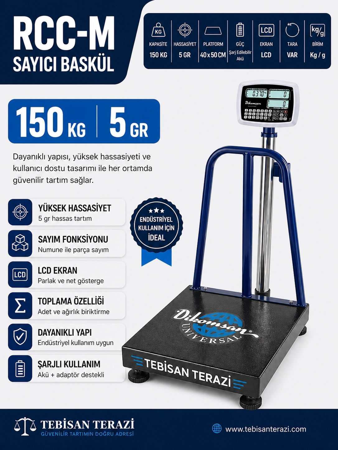 DİKOMSAN RCC-M 150KG 5GR SAYICI BASKÜL 40x50 CM