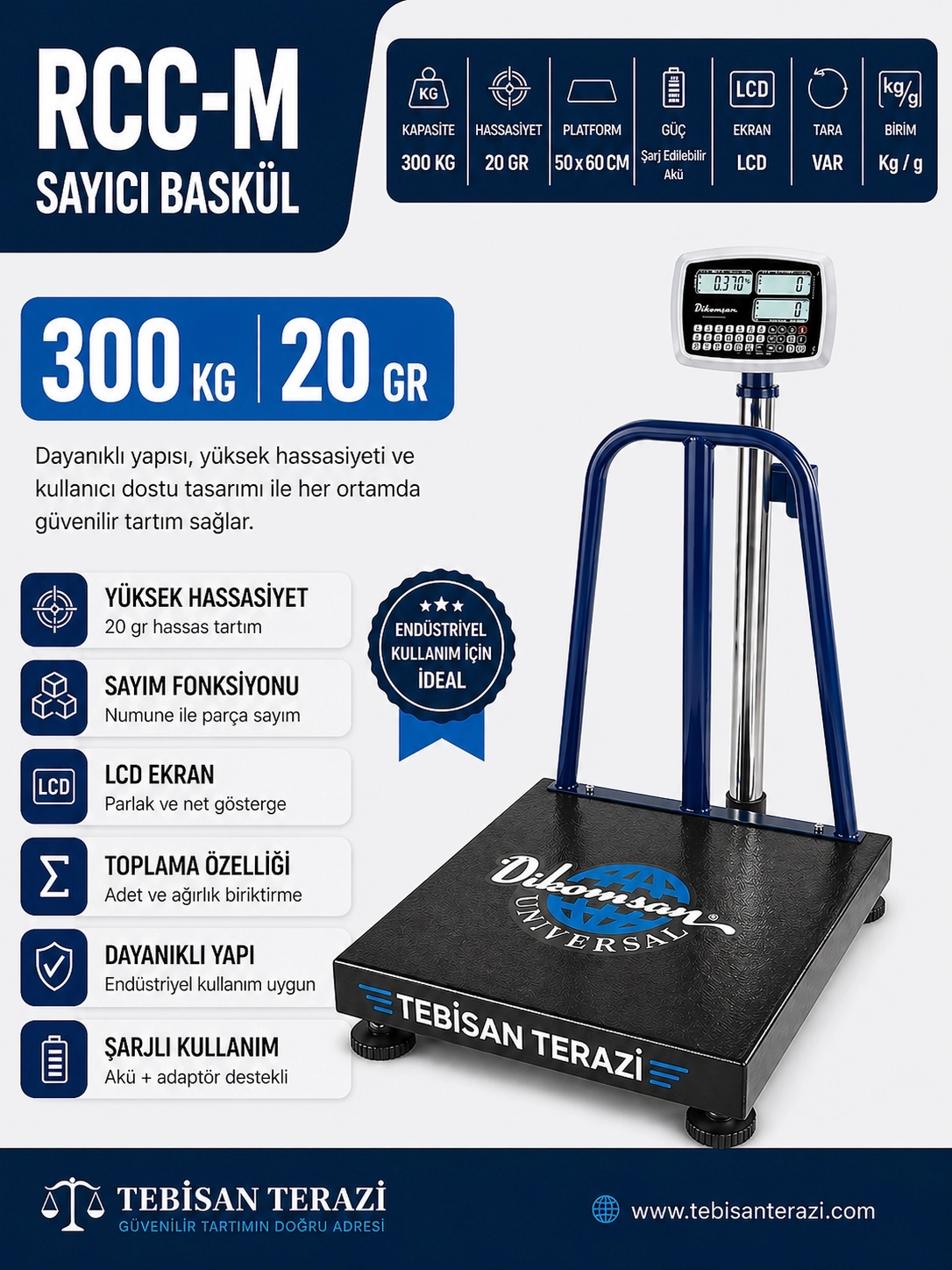 DİKOMSAN RCC-L 300KG 20GR SAYICI BASKÜL 50x60 CM