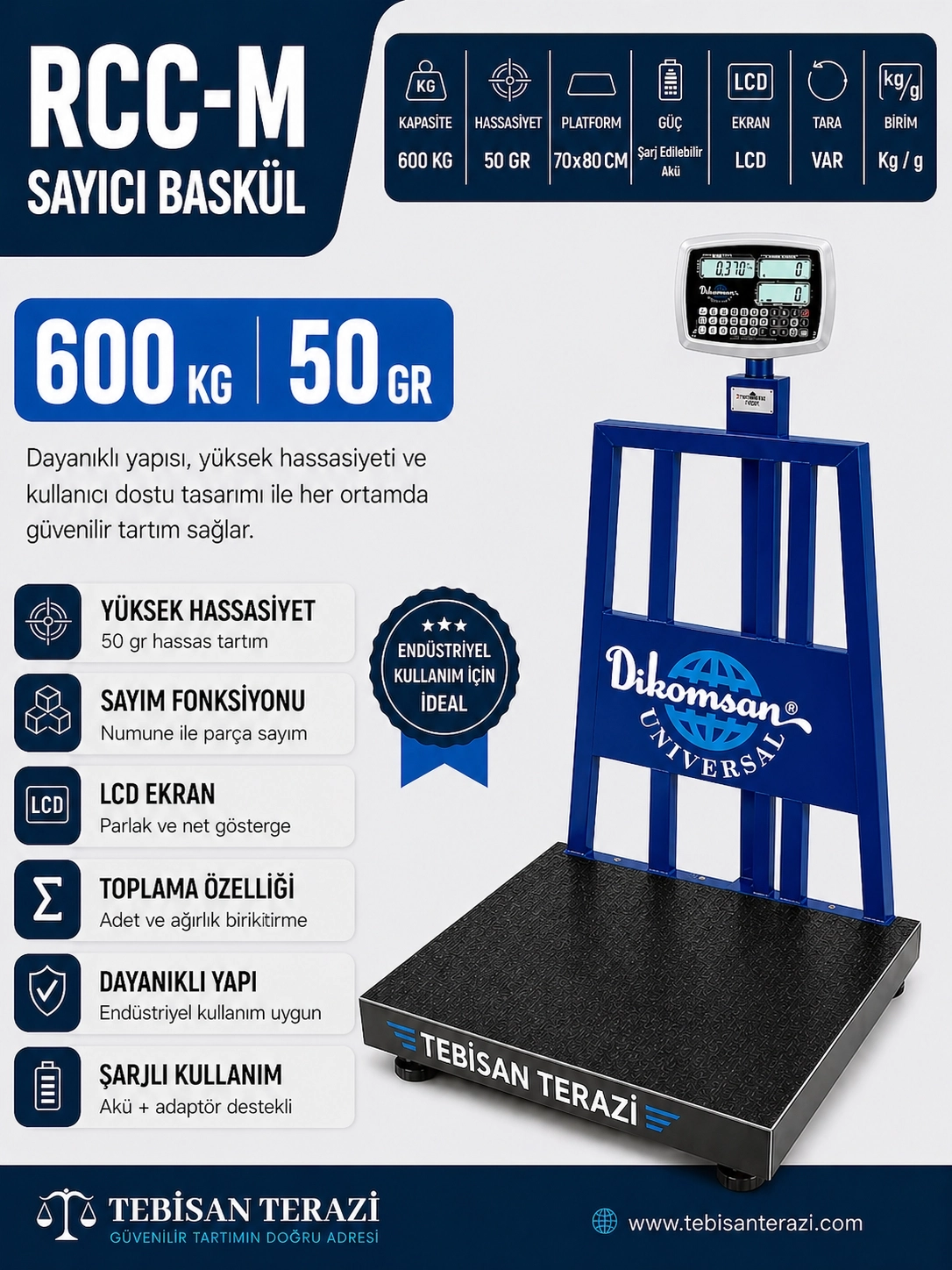 DİKOMSAN RCC-L 600KG 50GR SAYICI BASKÜL 70x80 CM