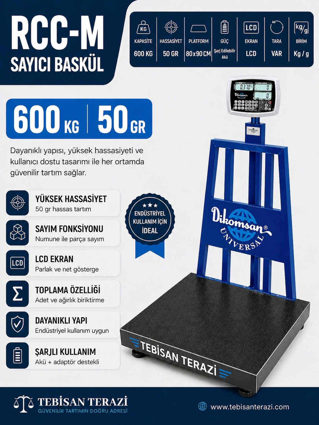 DİKOMSAN RCC-L 600KG 50GR SAYICI BASKÜL 80x90 CM