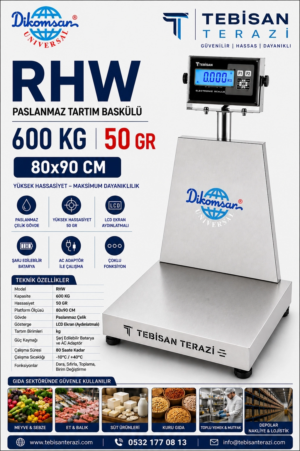 DİKOMSAN RHW 600 KG 50 GR PASLANMAZ TARTIM BASKÜLÜ 80X90