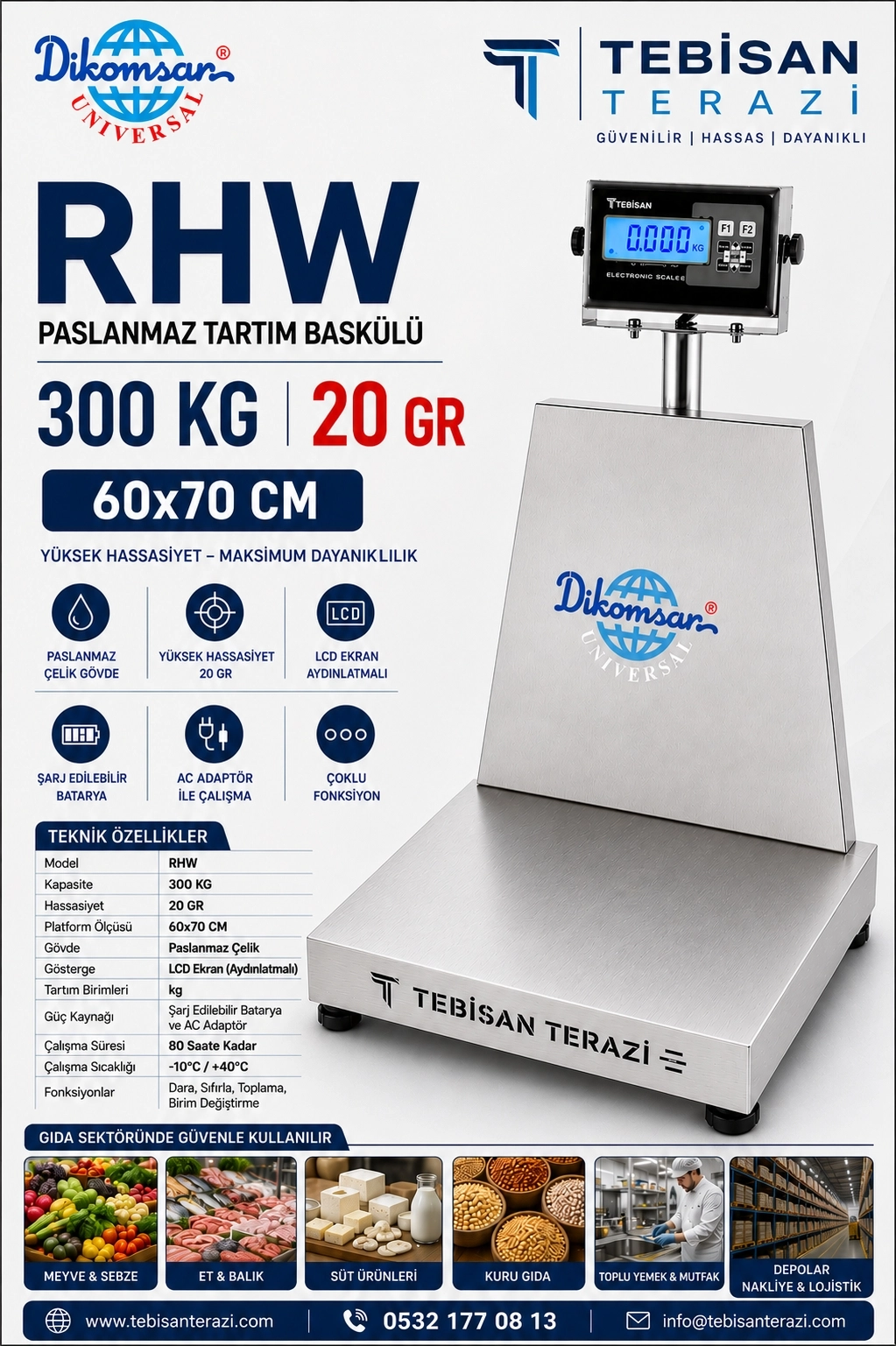 DİKOMSAN RHW 300 KG 20 GR PASLANMAZ TARTIM BASKÜLÜ 60X70