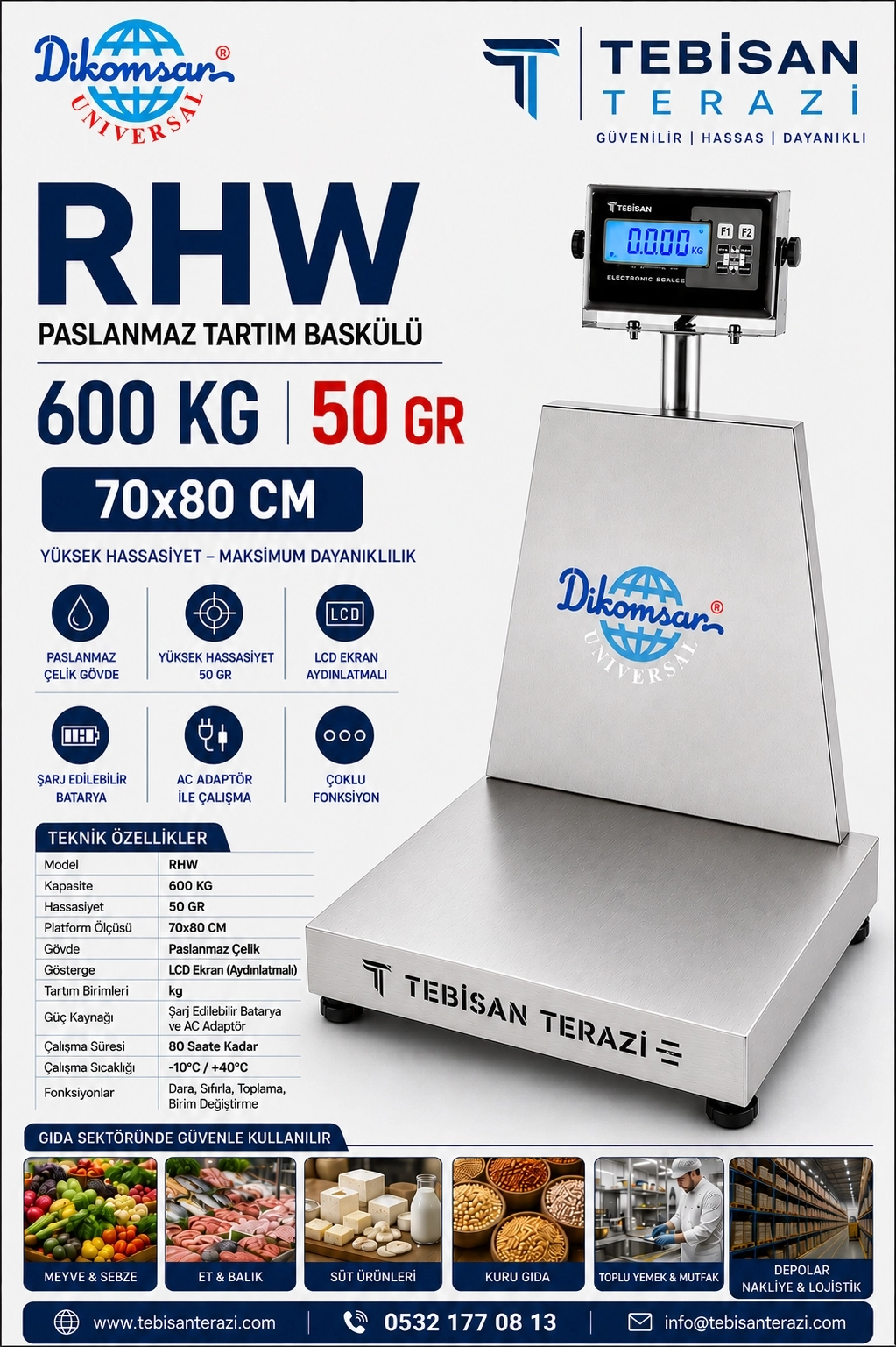 DİKOMSAN RHW 600 KG 50 GR PASLANMAZ TARTIM BASKÜLÜ 70X80