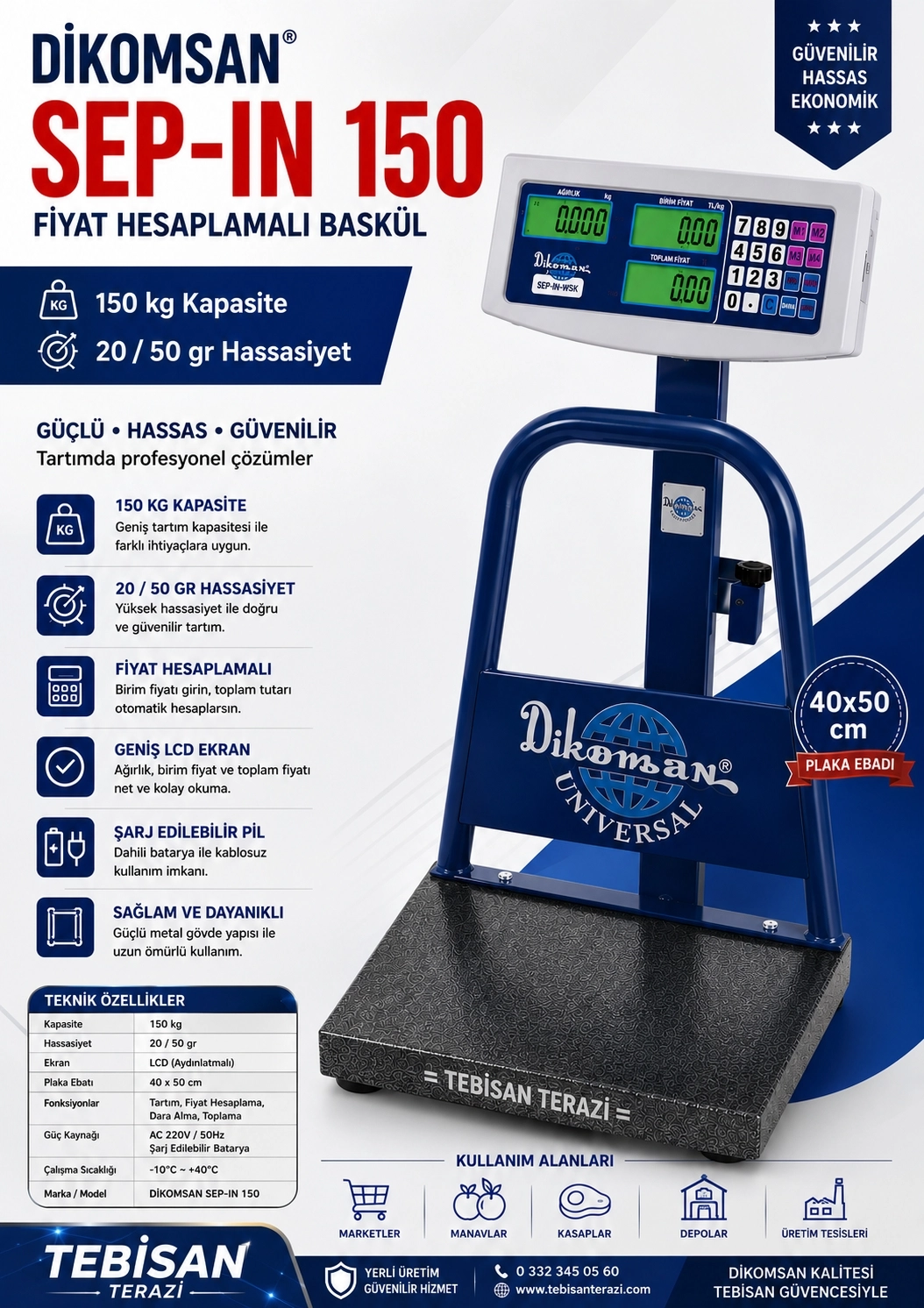 DİKOMSAN SEP-İN 150KG 20/50GR FİYAT HESAPLAMALI BASKÜL 40x50 CM