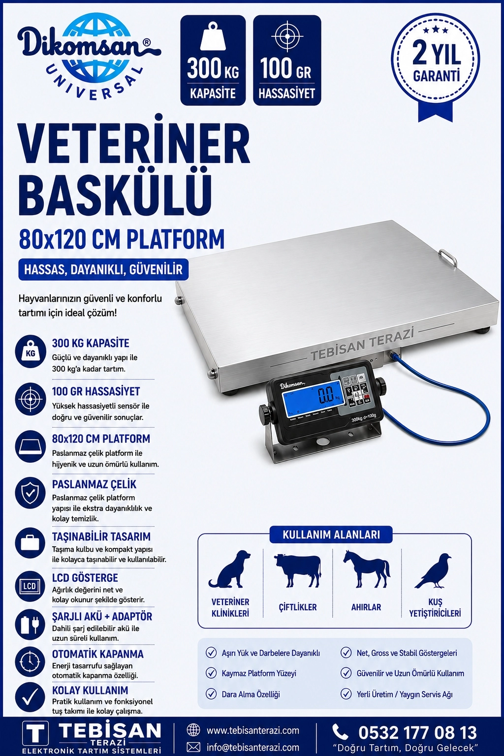 DİKOMSAN VETERİNER BASKÜLÜ 300KG 100GR 80x120 TARTIM V-RAW