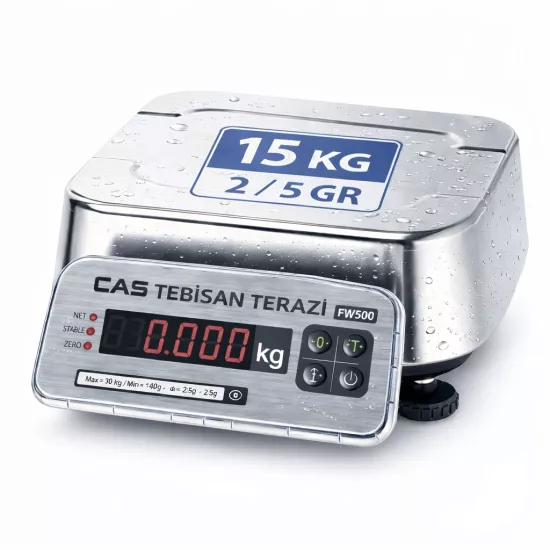 Paslanmaz LED Terazi 15 Kg 2/5 Gr | CAS FW-500E Ticari Tartım Terazisi