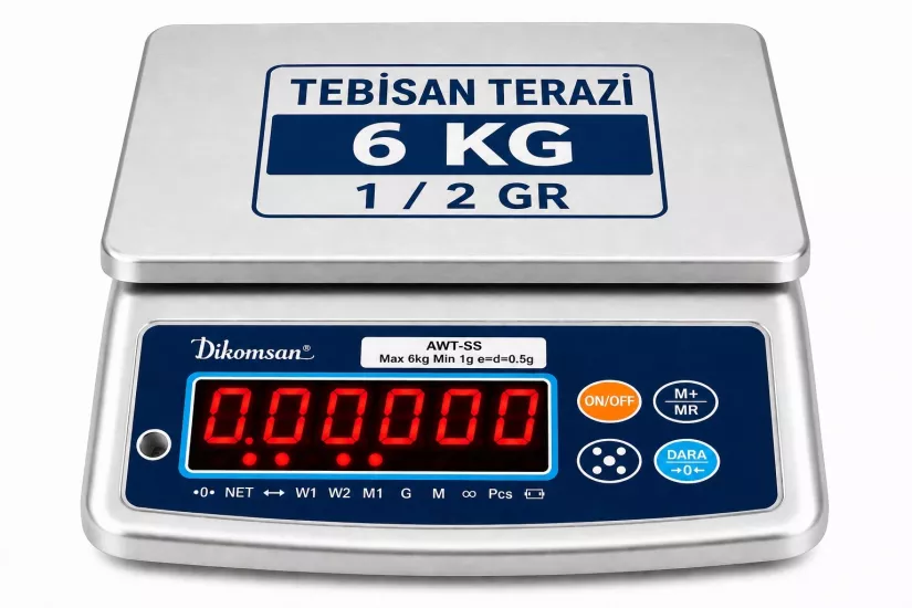 Paslanmaz Suya Dayanıklı Terazi 6 Kg 1/2 Gr | Dikomsan ATW-SS Endüstriyel Tartım Terazisi