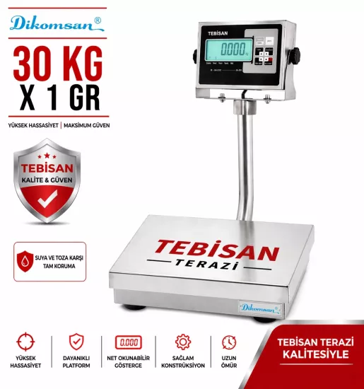 Paslanmaz Boyunlu LCD Terazi 30 Kg 1 Gr | Dikomsan RHW 35x26 Endüstriyel Tartım Terazisi
